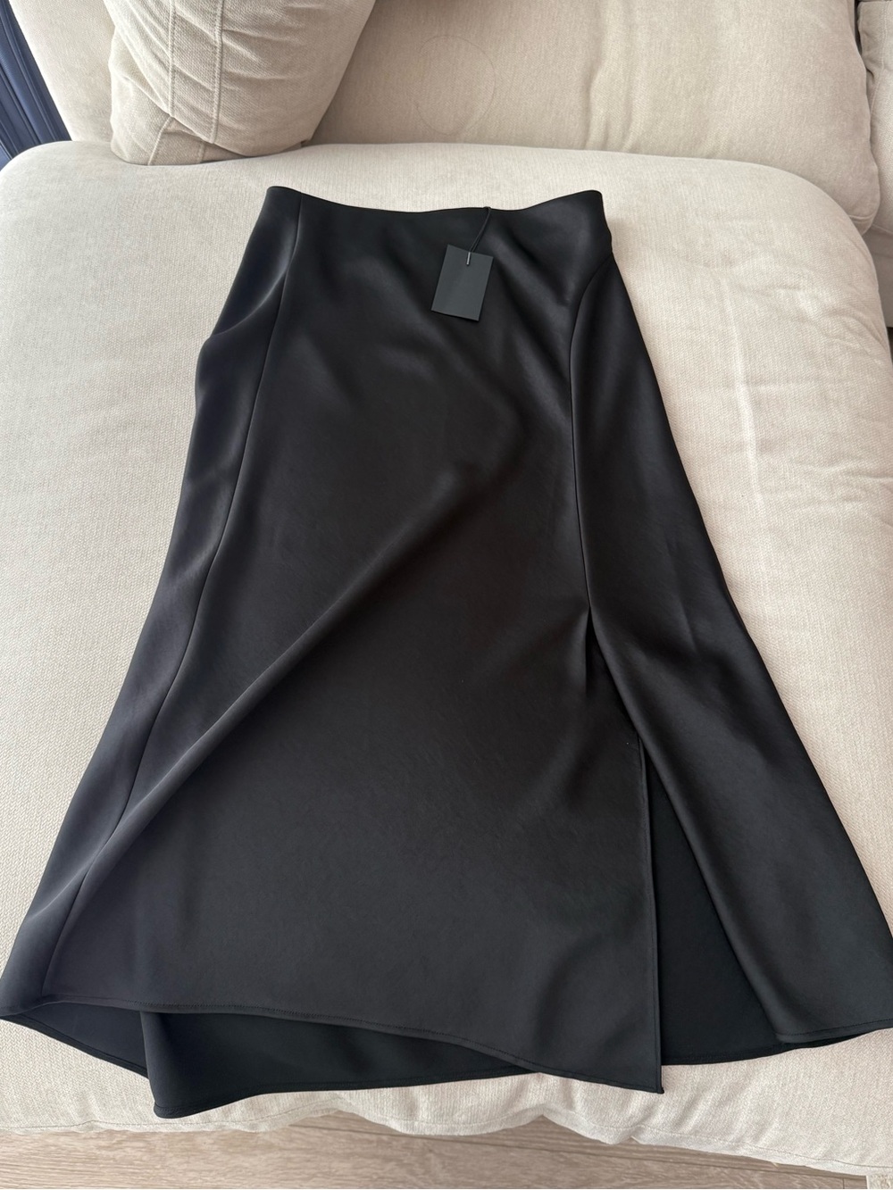 Black Satin Midi Skirt with slit at the hem
